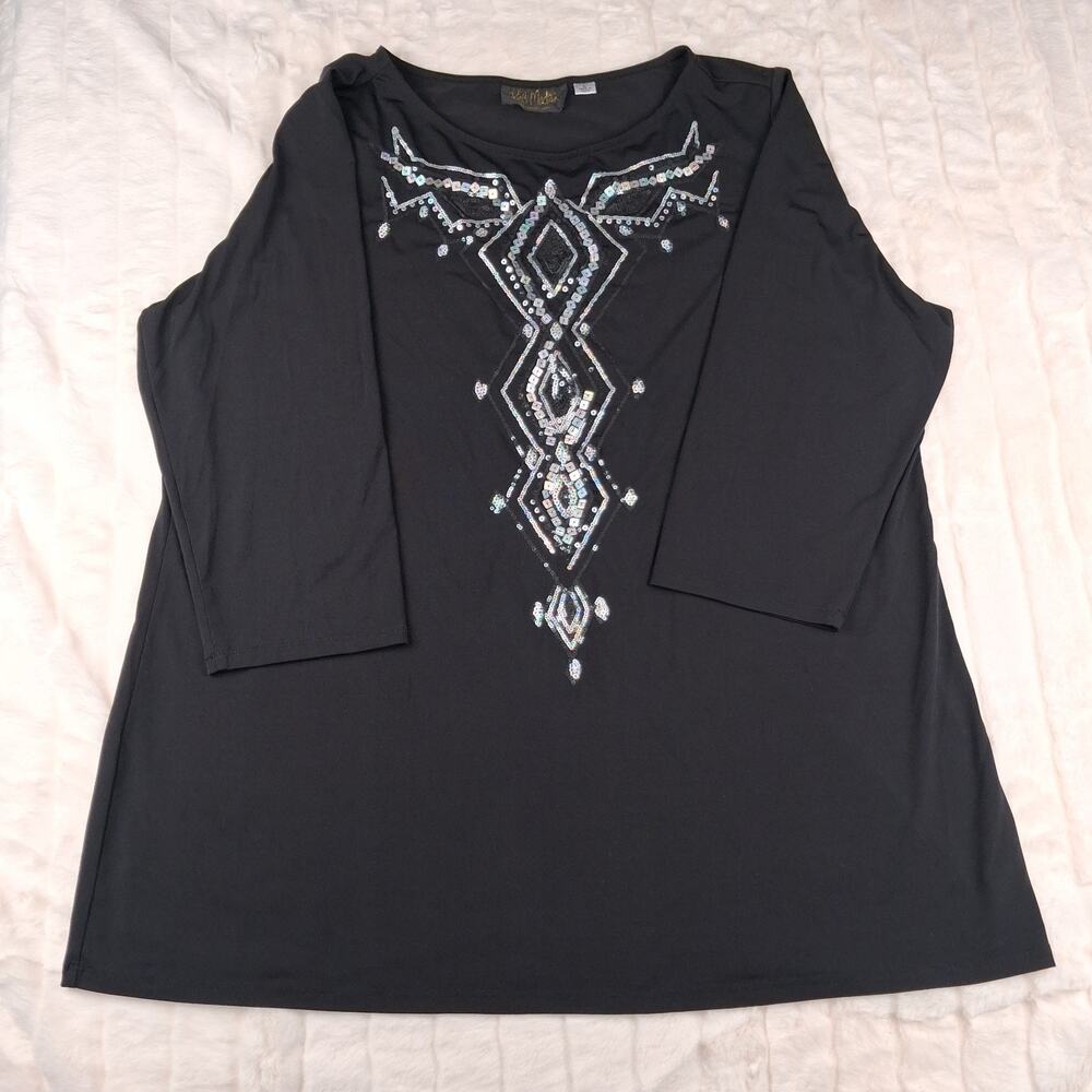Bob Mackie Wearable Art Shirt Womens L Black 3/4 Sleeve Sequins Upper Stretch